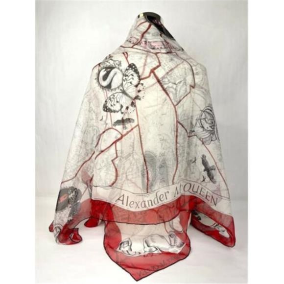 New Alexander McQueen Ivory Silk Red Skull Floral Map Scarf Shawl Authentic - Picture 3 of 9